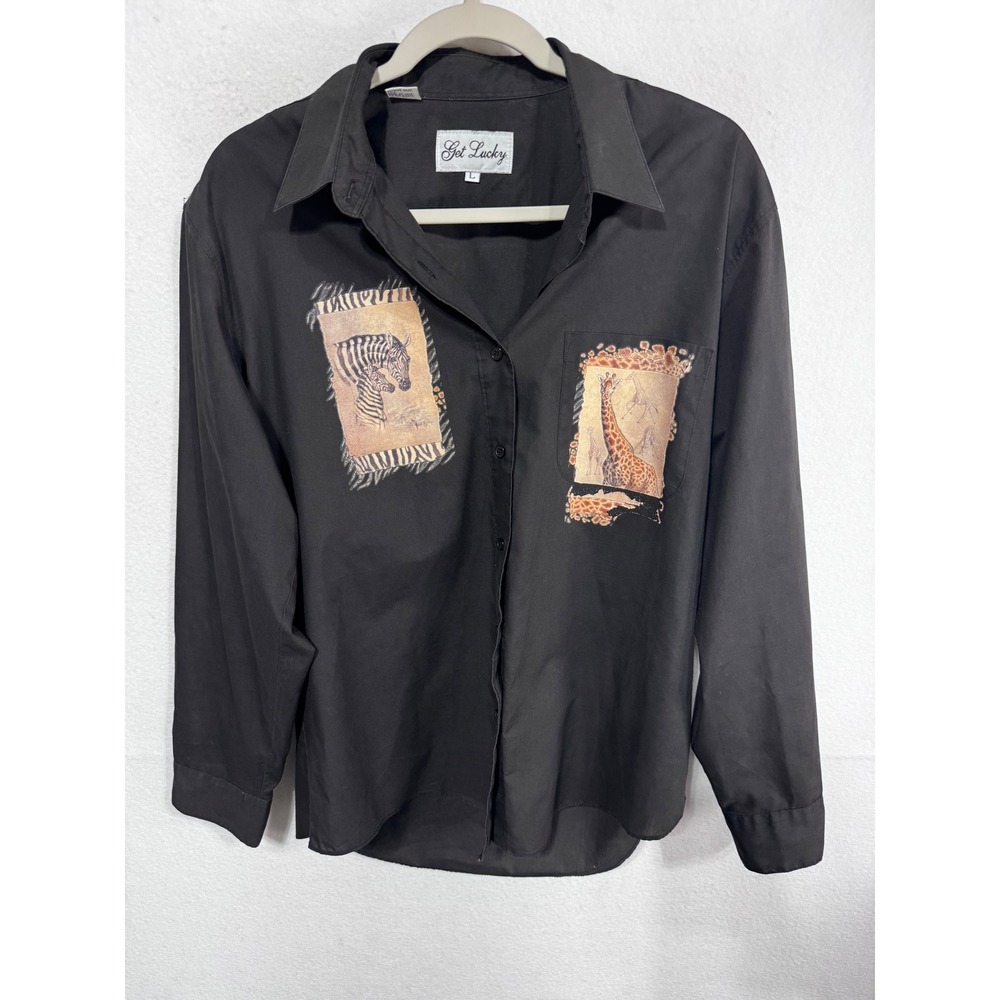 Vintage Get Lucky Safari Animal Print Long Sleeve L Black Button Up Shirt